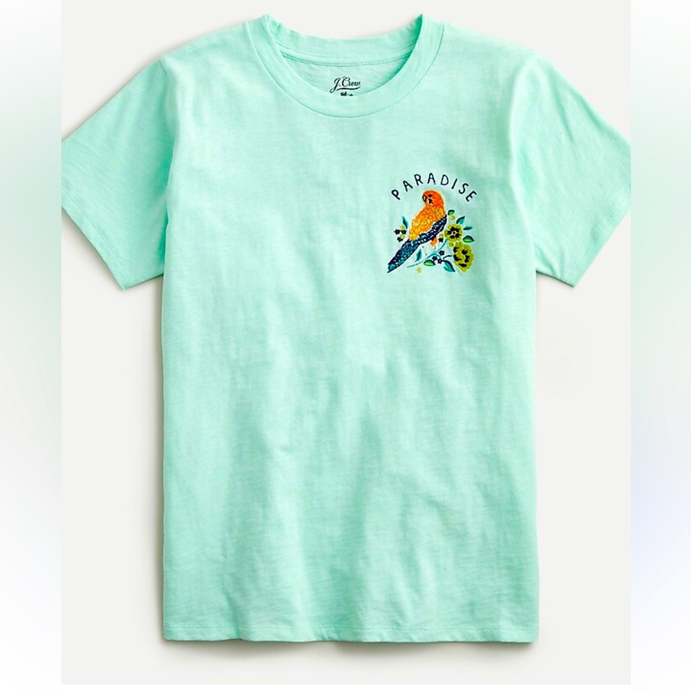 J Crew Birds of Paradise embroidered mint green TShirt Size Large cotton orange